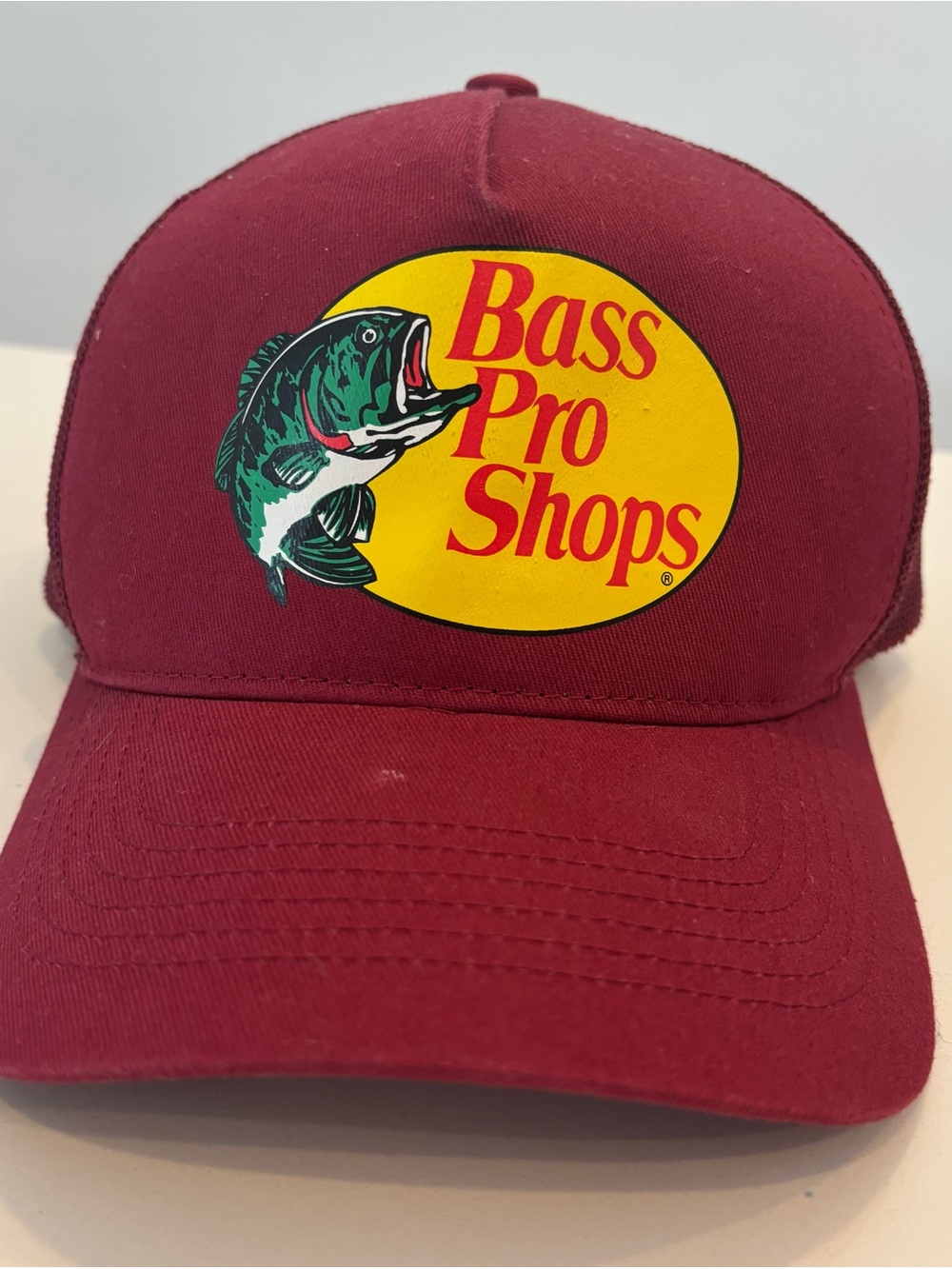 Bass Pro Shops Burgundy Cap with Yellow Logo and Green Fish